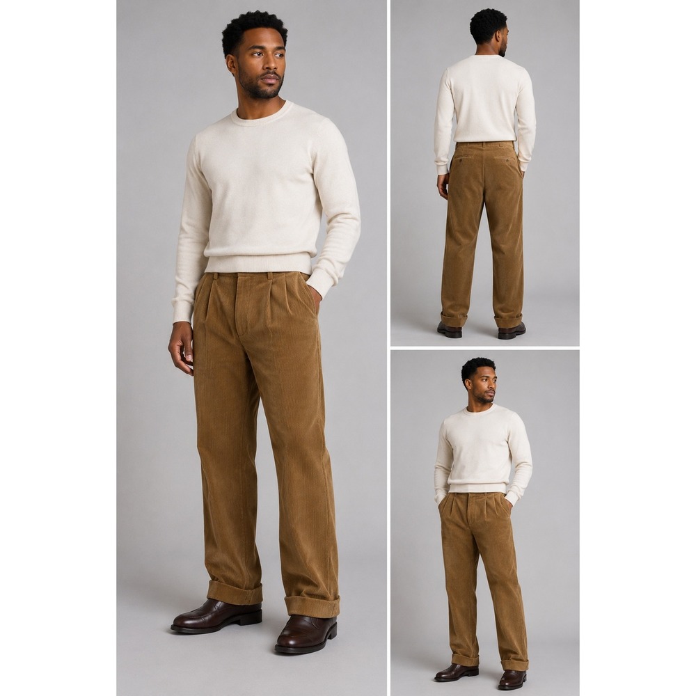 George Mens 34x30 Corduroy Pants Tan Pleated Cuffed Trousers Khaki Brown